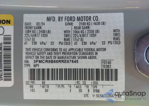 2024 Ford Bronco Sport Big Bend z USA, uszkodzony, nr VIN 3FMCR9B66RRE67845